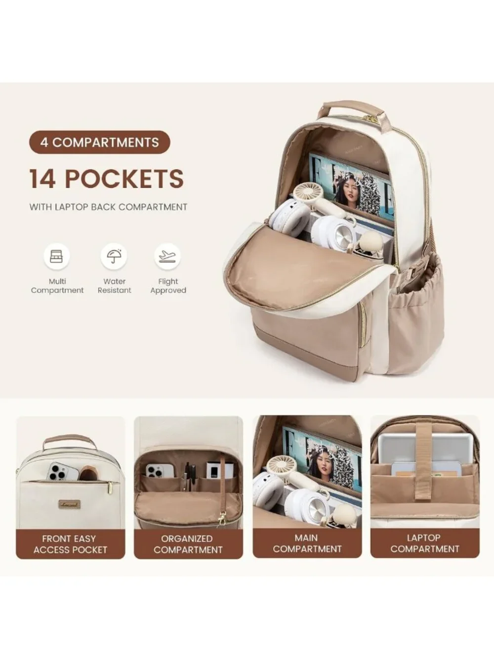 Stylish Waterproof Laptop Backpack for Women, Large Capacity Travel Bag, 17